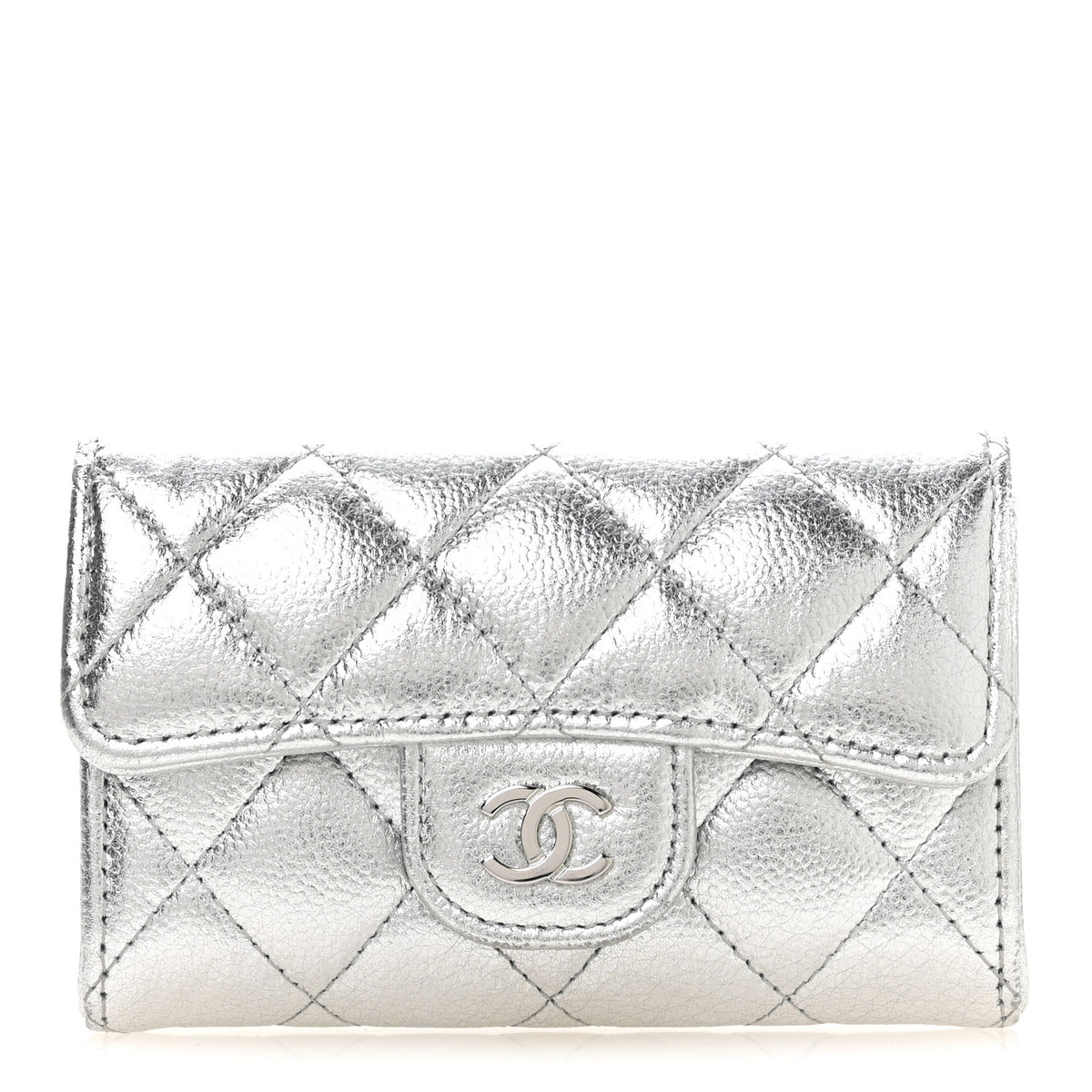 Metallic Caviar Quilted Flap Card Holder Wallet Silvery