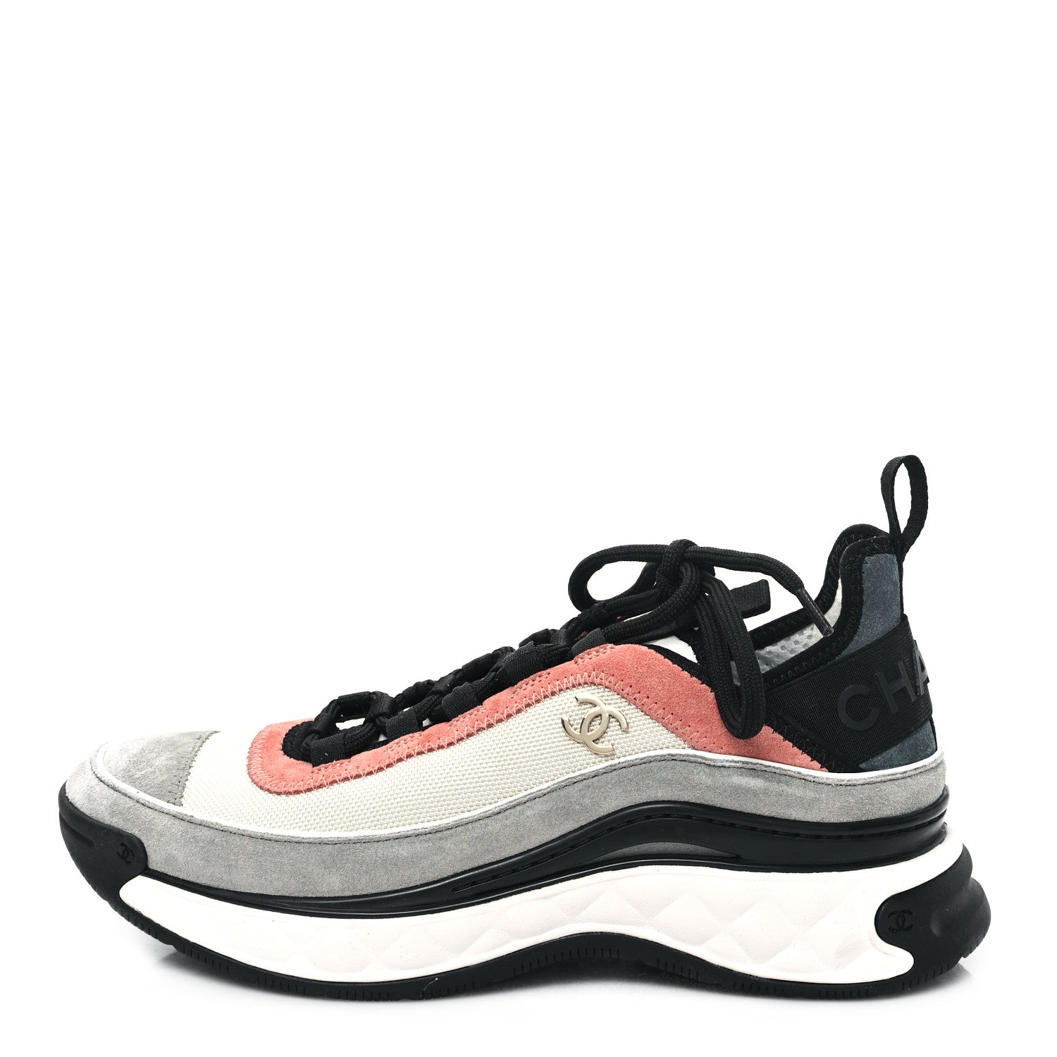 Chanel Fabric Suede CC Sneakers 37.5 White Light Grey Pink 1 of 9