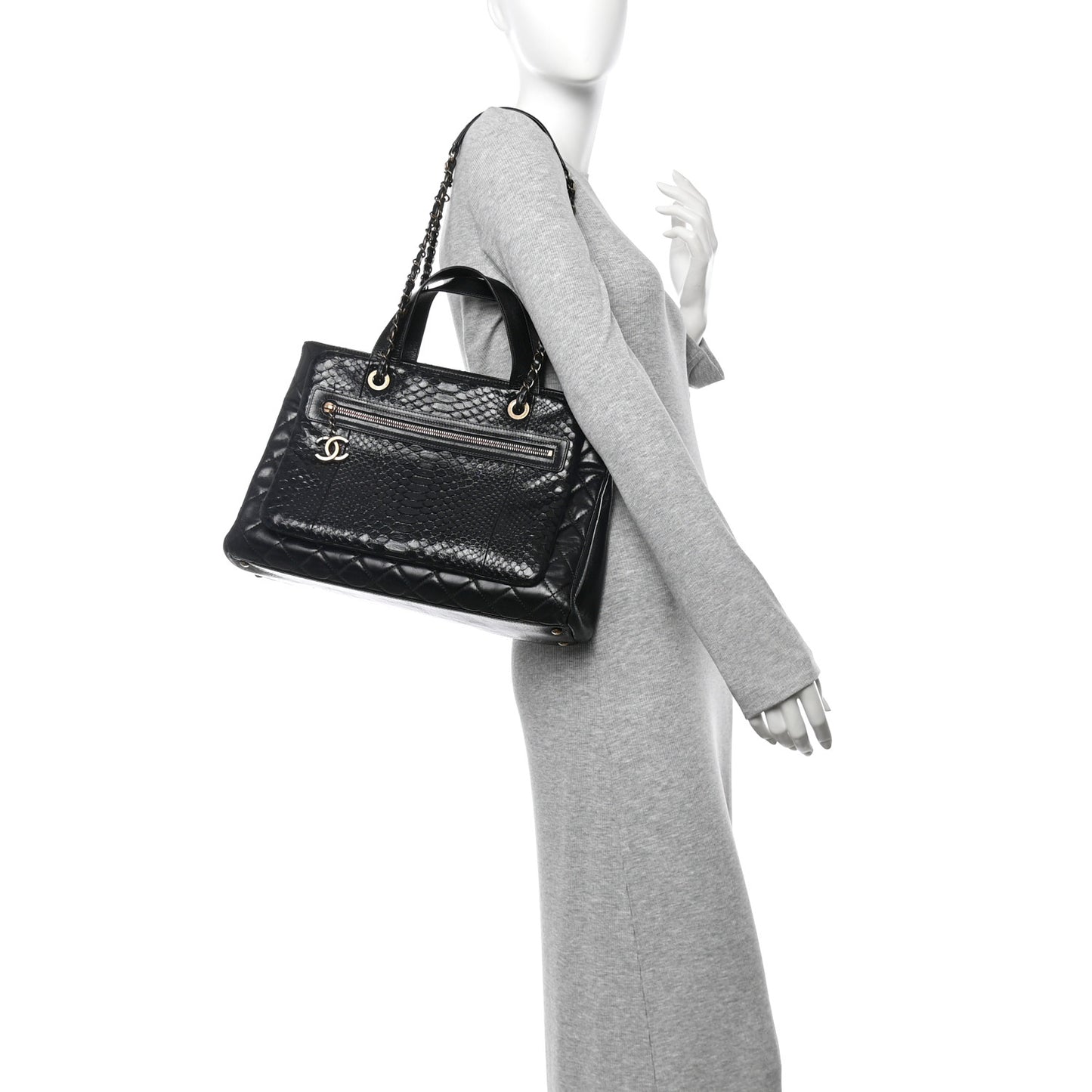 Snakeskin Glazed Calfskin Quilted Urban Mix Tote Black