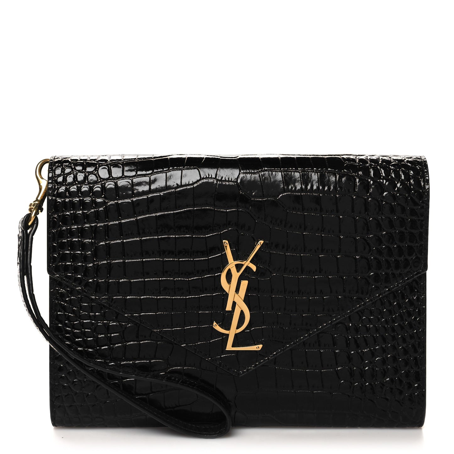 SAINT LAURENT Calfskin Crocodile Embossed Monogram Cassandre Flap Pouch Black