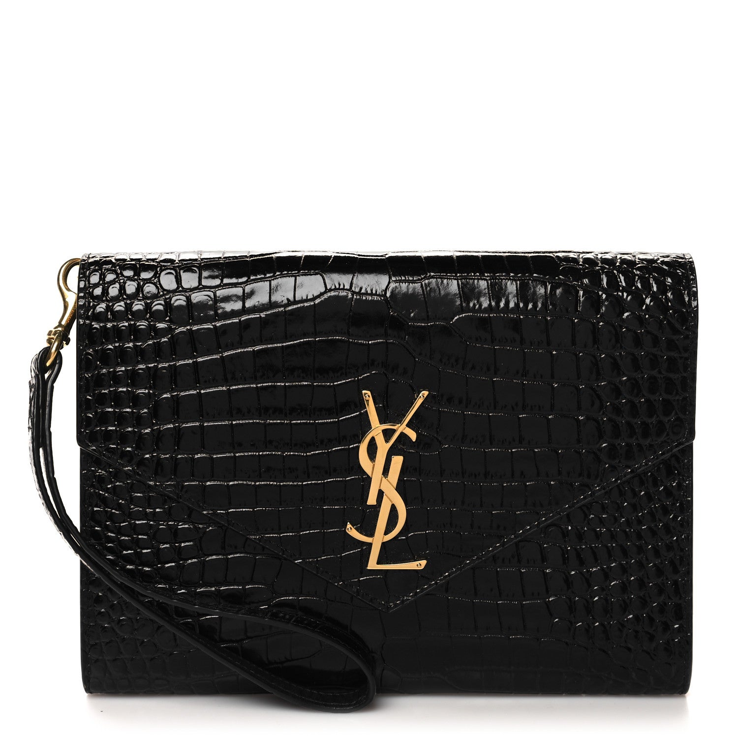 Saint Laurent SAINT LAURENT Calfskin Crocodile Embossed Monogram Cassandre Flap Pouch Black 1 of 11