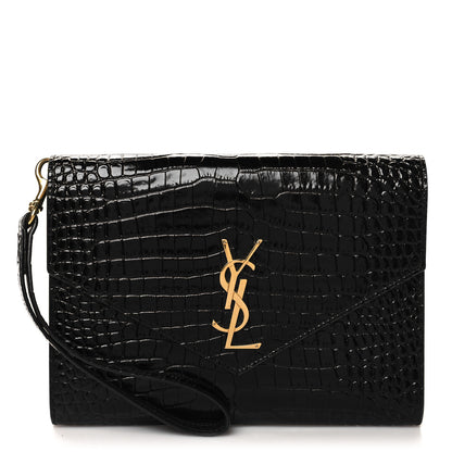 Saint Laurent SAINT LAURENT Calfskin Crocodile Embossed Monogram Cassandre Flap Pouch Black 1 of 11