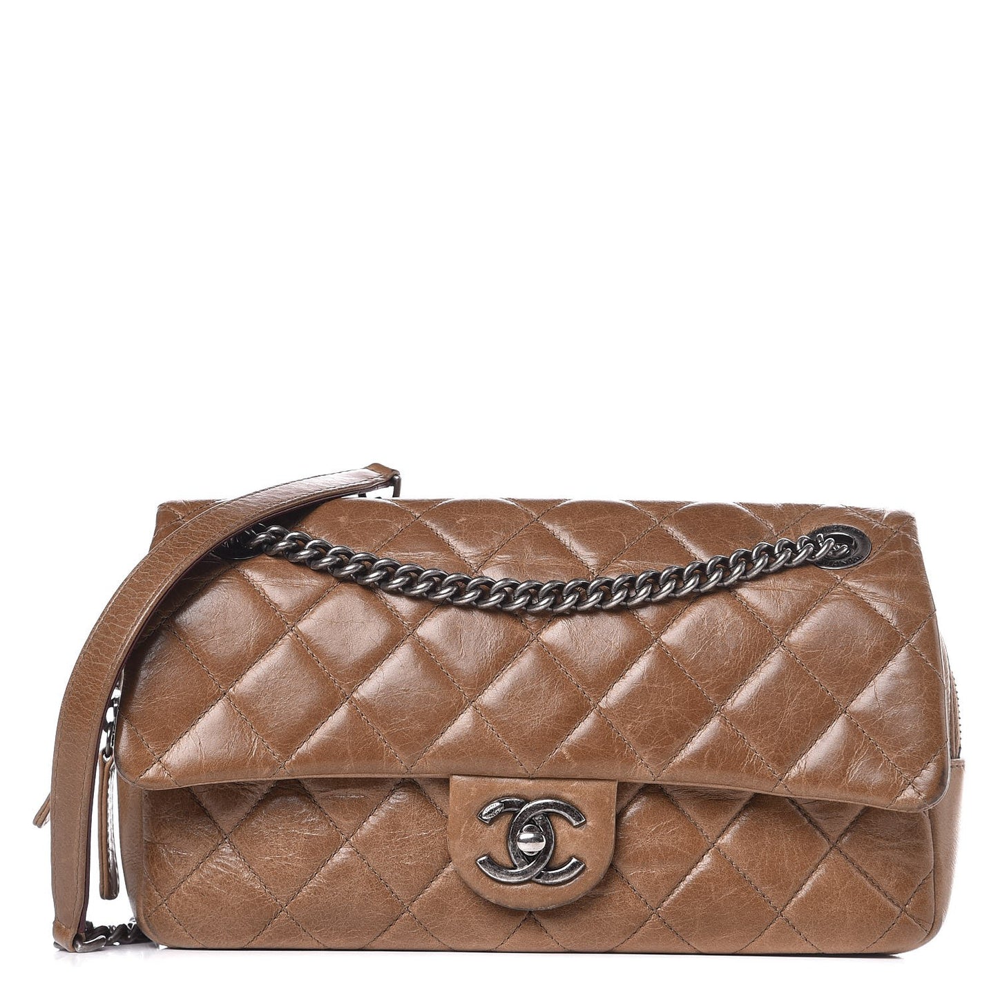 Glazed Calfskin Medium Duo Flap Brown