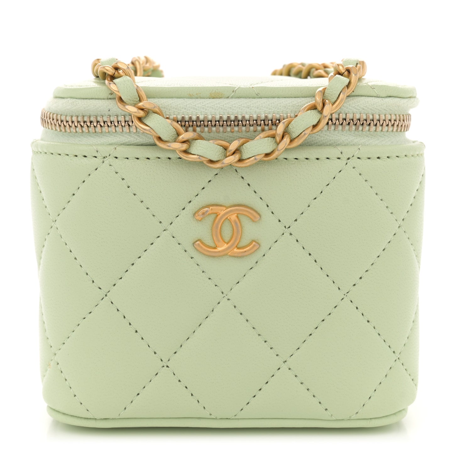 Lambskin Quilted Pearl Crush Mini Vanity Case With Chain Light Green
