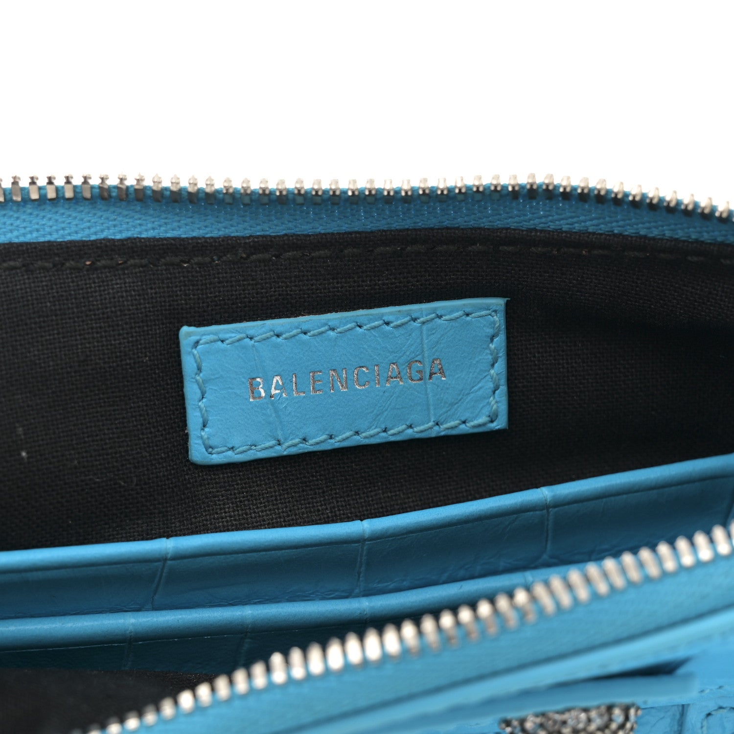 Balenciaga Extra Supple Calfskin Crocodile Embossed Crystal Mini Le Cagole Purse With Chain Cyan 5 of 10