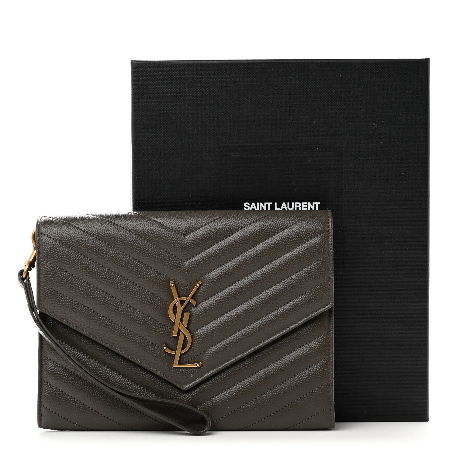 Saint Laurent Grain De Poudre Matelasse Chevron Monogram Envelope Clutch Earth 9 of 9