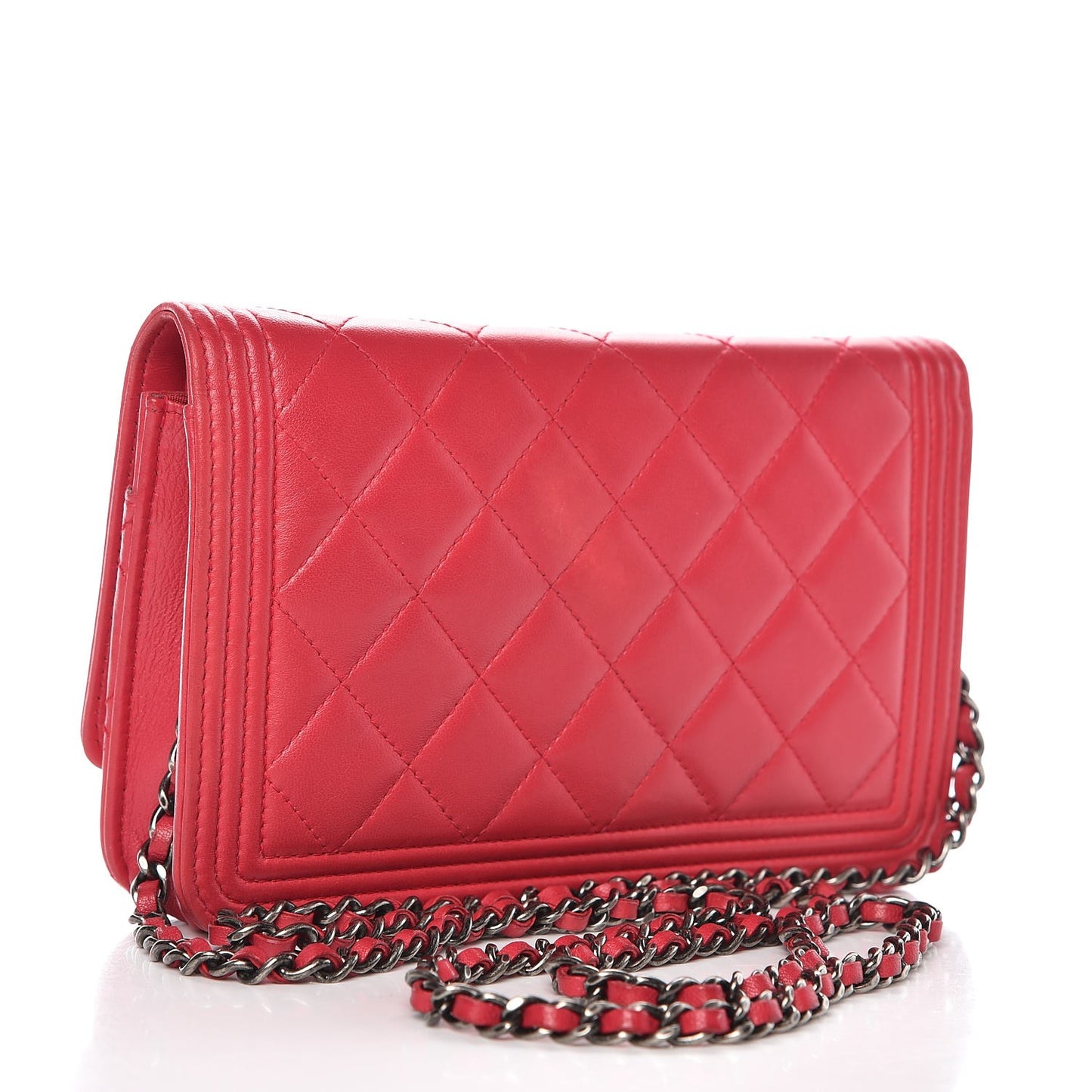 Lambskin Quilted Boy Wallet On Chain WOC Dark Pink