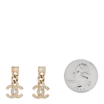 Chanel Metal Crystal Baguette CC Chain Drop Earrings Gold 2 of 6