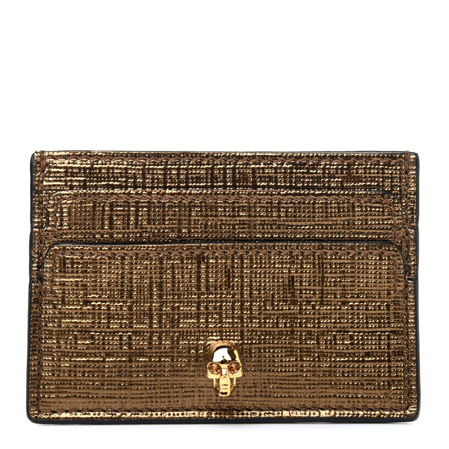 Metallic Textured Calfskin Skull Card Holder Gold