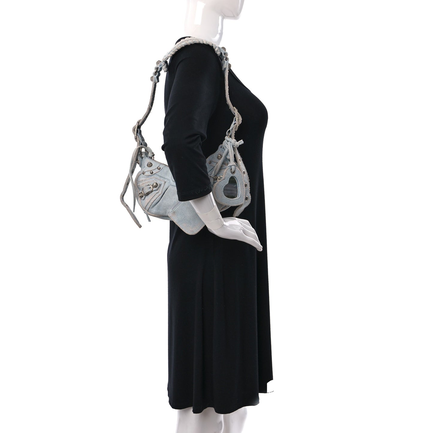 Washed Frayed Denim Crystal XS Le Cagole Shoulder Bag Pale Blue