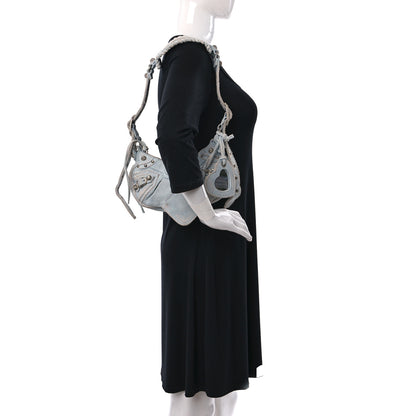 Balenciaga Washed Frayed Denim Crystal XS Le Cagole Shoulder Bag Pale Blue 2 of 9