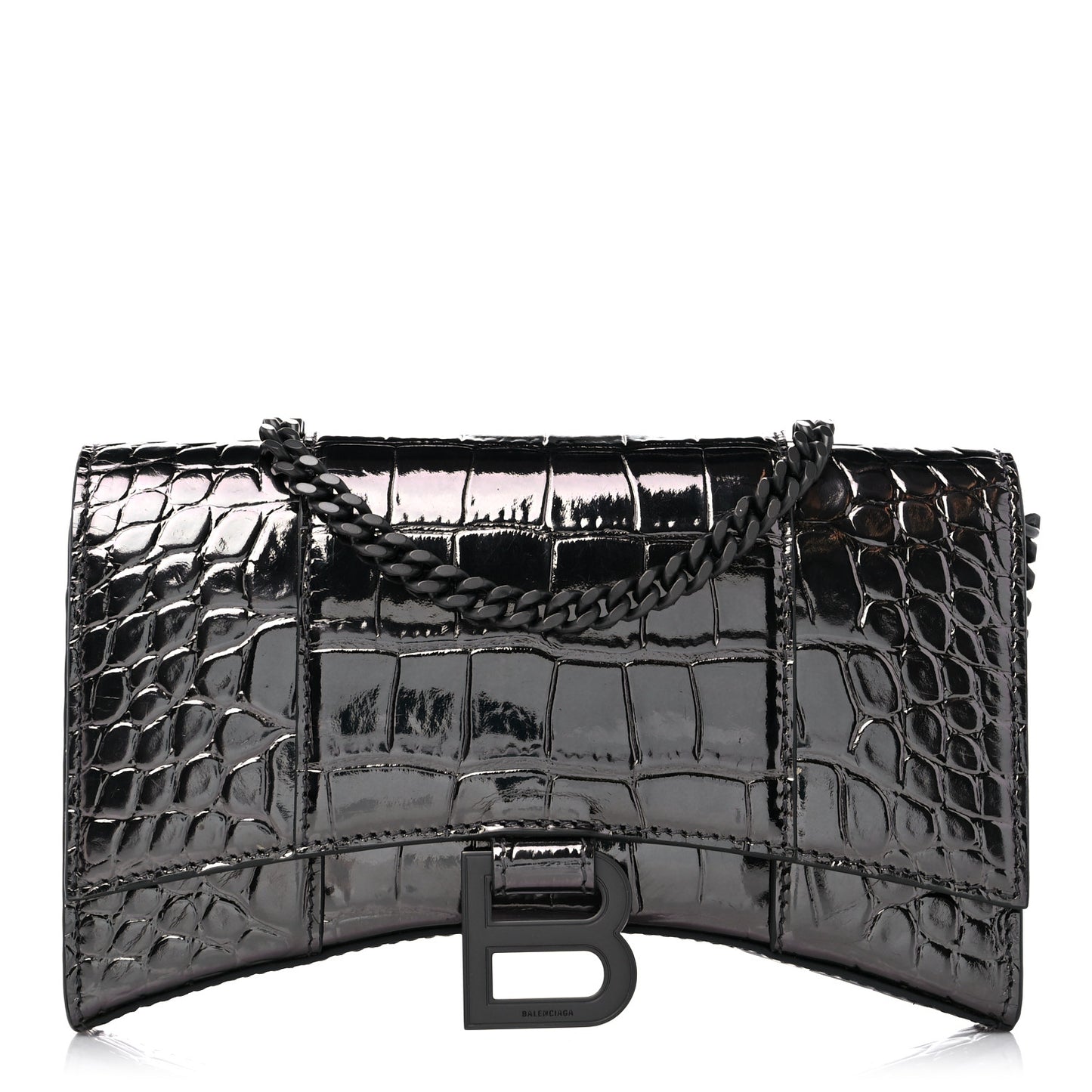 Shiny Calfskin Crocodile Embossed Hourglass Chain Bag Gunmetal