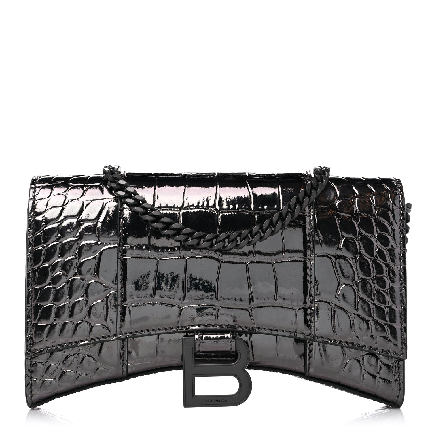 Balenciaga Shiny Calfskin Crocodile Embossed Hourglass Chain Bag Gunmetal 1 of 10