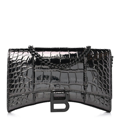 Balenciaga Shiny Calfskin Crocodile Embossed Hourglass Chain Bag Gunmetal 1 of 10