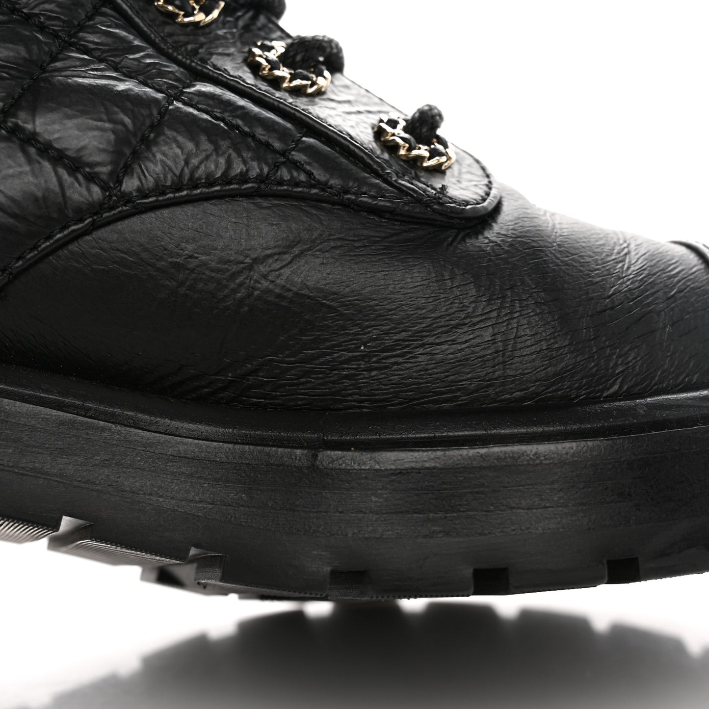 Shiny Calfskin Quilted Lace Up Combat Boots 35.5 Black