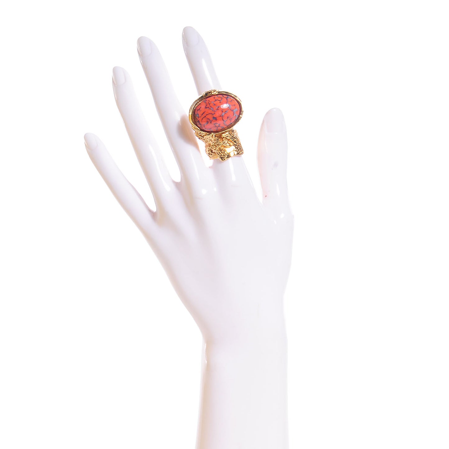 Glass Cabochon Arty Ovale Ring 6 Gold Coral