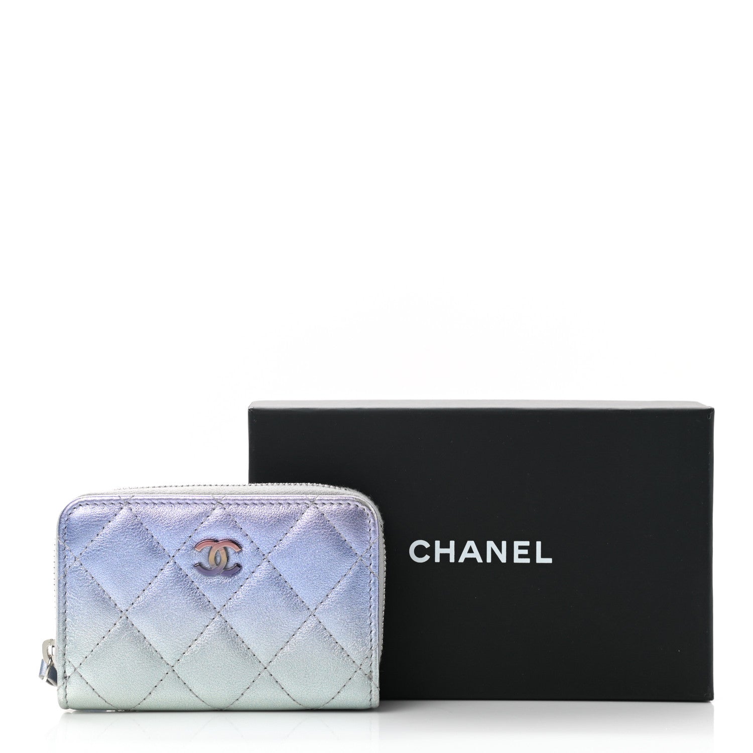 Chanel Gradient Metallic Calfskin Quilted Zip Around Coin Purse Wallet Silver Blue Yellow Purple 10 of 10