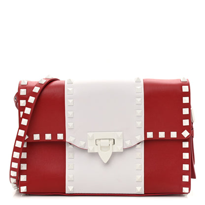 Valentino Garavani Vitello Colorblock Medium Free Rockstud Flip Lock Crossbody Bag Rosso Valentino Optic White 1 of 12