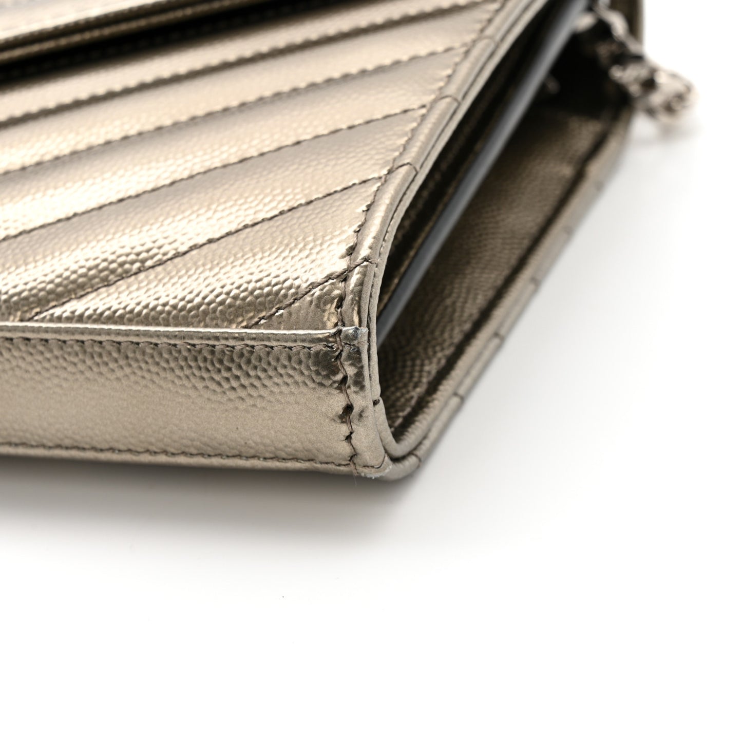 Metallic Grain De Poudre Matelasse Chevron Monogram Chain Wallet Piombo