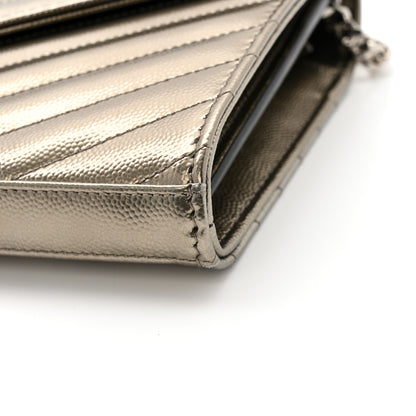 Saint Laurent Metallic Grain De Poudre Matelasse Chevron Monogram Chain Wallet Piombo 13 of 15