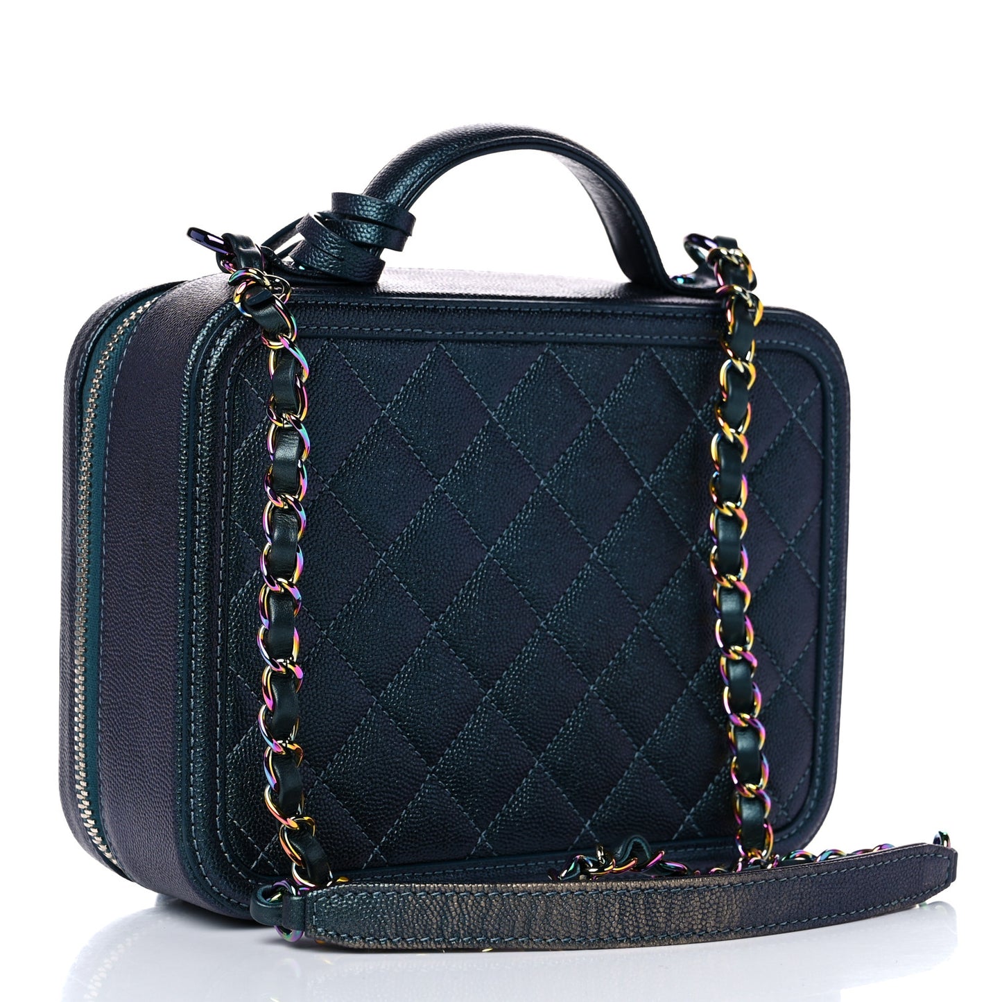 Iridescent Caviar Quilted Medium CC Filigree Vanity Case Dark Turquoise