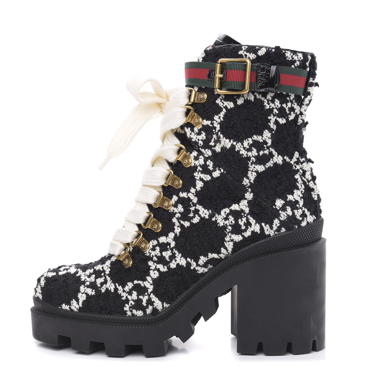 Gucci Tweed GG Monogram Lace Up Combat Ankle Boots 36.5 Black 1 of 8