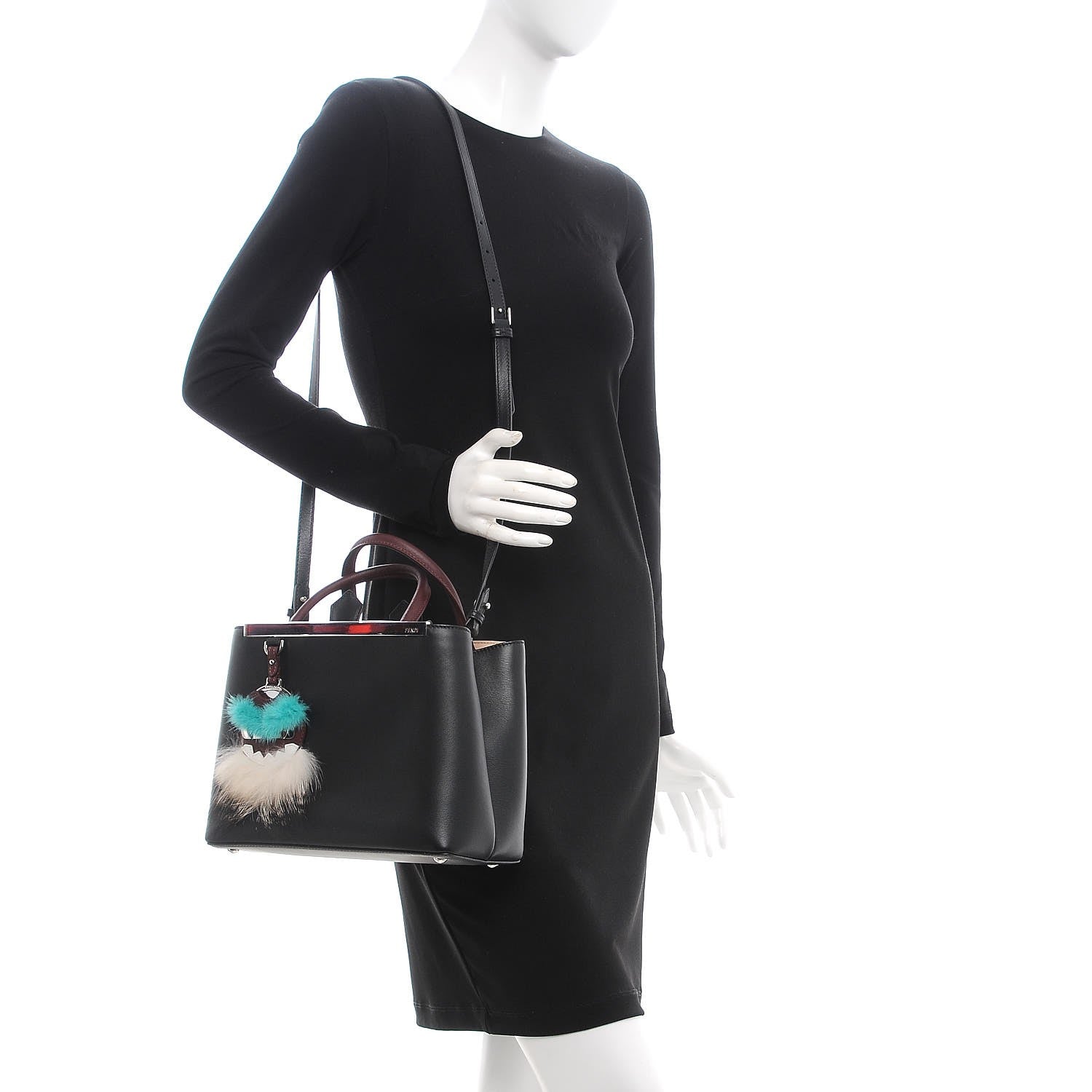 Fendi Vitello Dolce Fox Mink Bi-Color Monster Mirror Charm Petite 2Jours Tote Black Bordeaux Acquamarine 2 of 8