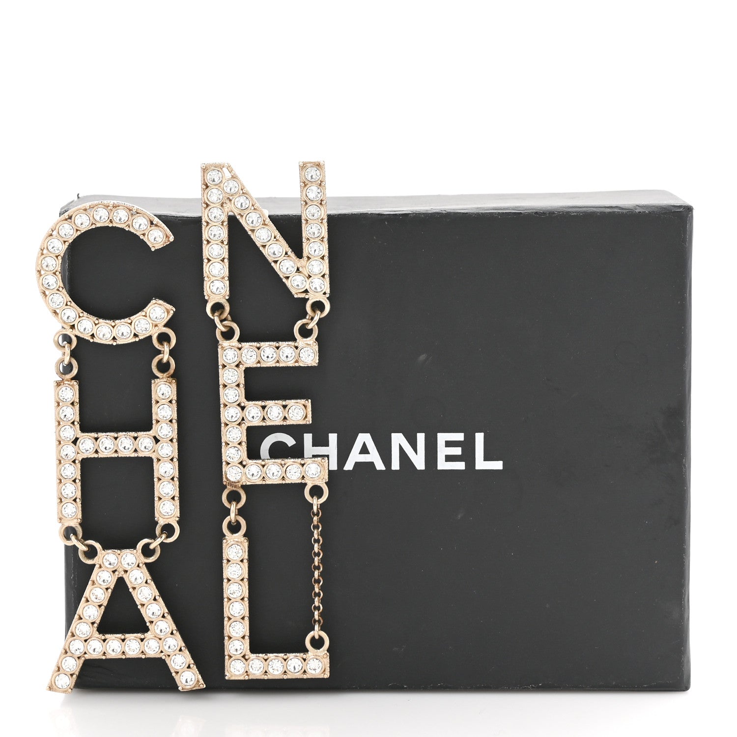 Chanel Crystal Cha-Nel Logo Drop Earrings Gold 5 of 5