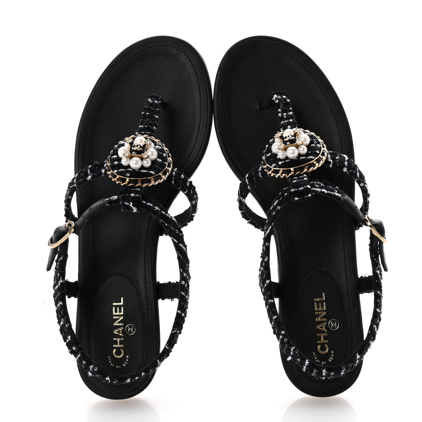 Cotton Tweed CC Charm Thong Sandals 39 Black White