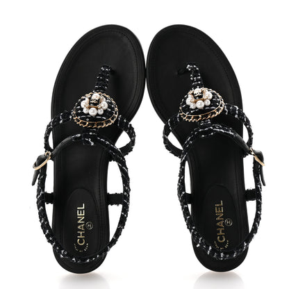 Chanel Cotton Tweed CC Charm Thong Sandals 39 Black White 2 of 10