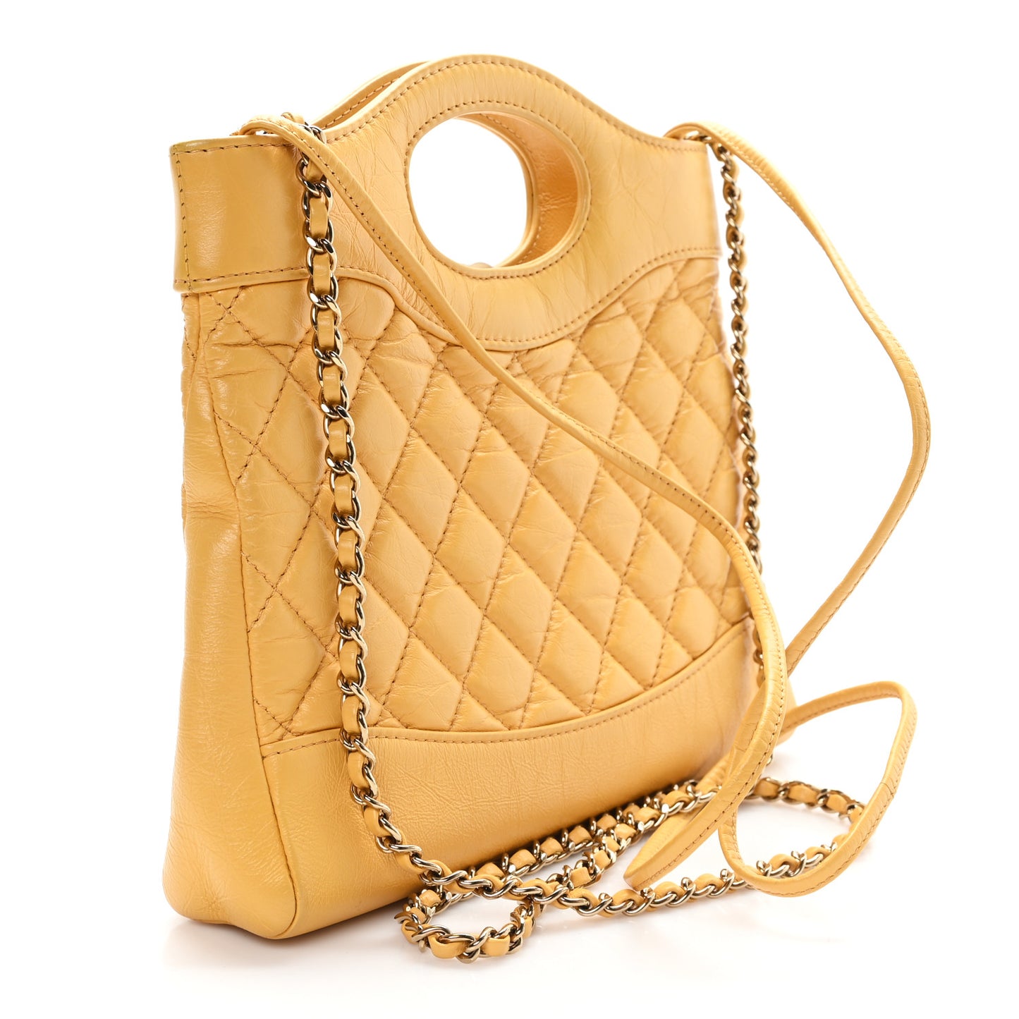 Shiny Crumpled Calfskin Quilted Mini 31 Shopping Bag Yellow