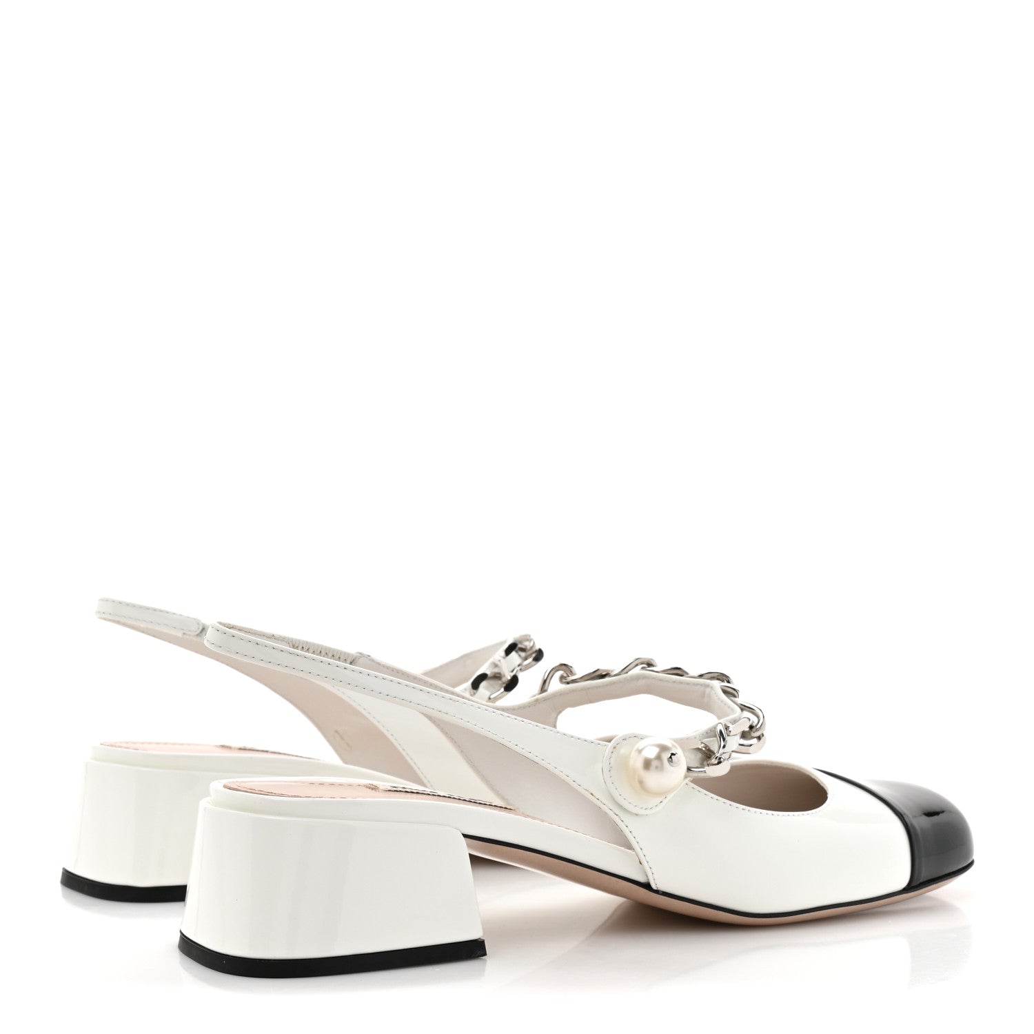 Miu Miu Patent Calfskin Chain Pearl Slingback Pumps 37.5 Ivory Black 5 of 9