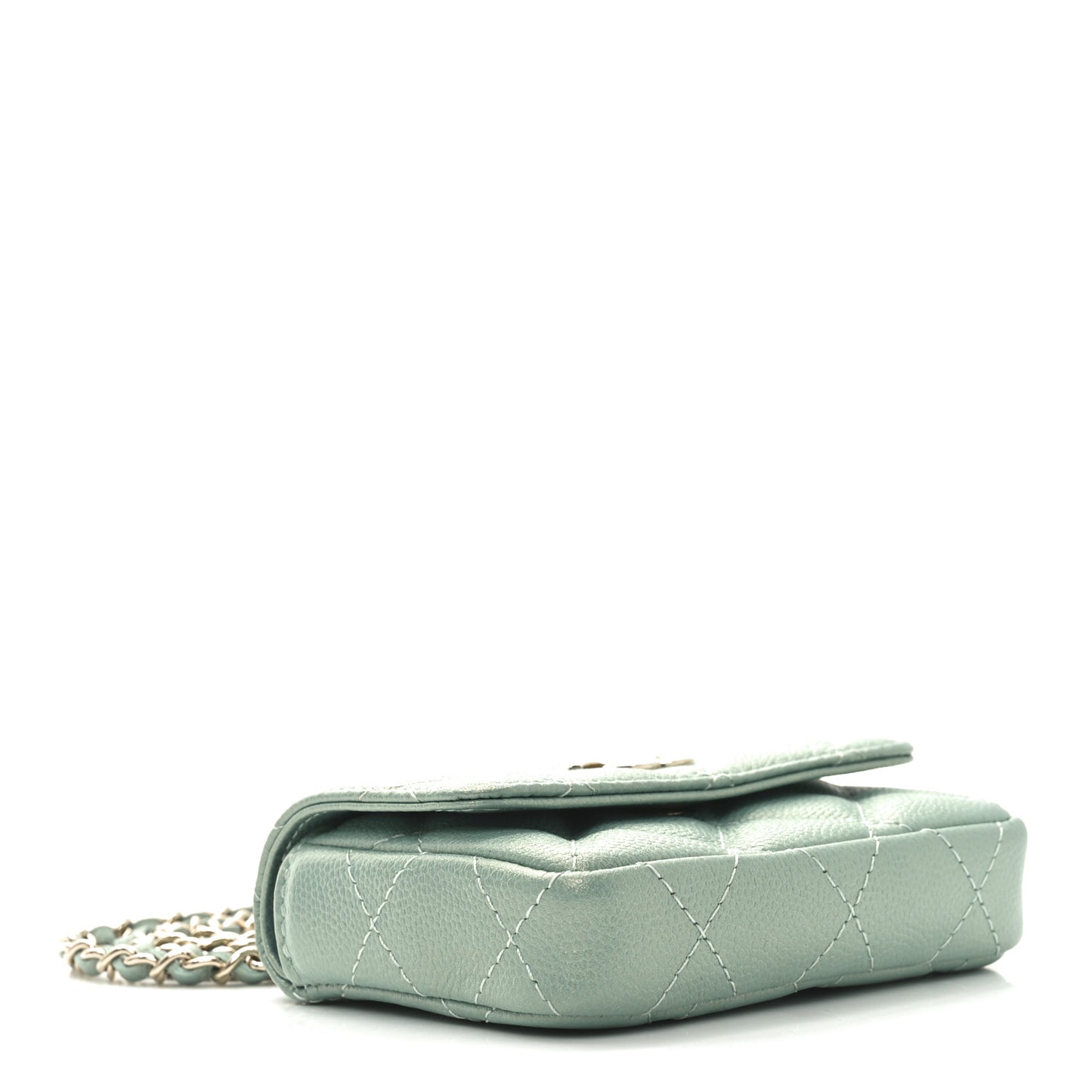 Iridescent Caviar Quilted Pearl On Top Coin Purse With Chain Light Green