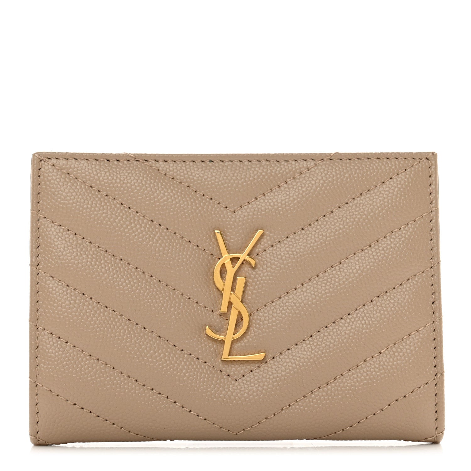 Saint Laurent Grain De Poudre Matelasse Chevron Cassandre Fragments Zipperred Bi-Fold Wallet Dark Beige 1 of 7
