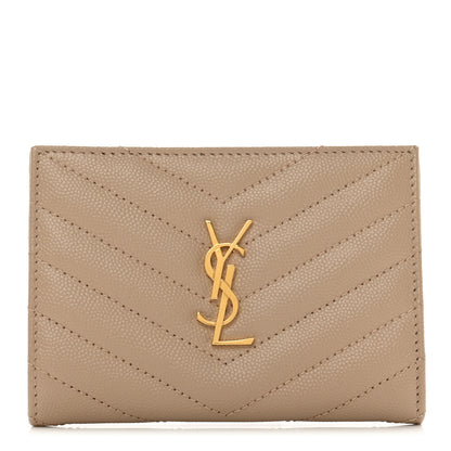 Saint Laurent Grain De Poudre Matelasse Chevron Cassandre Fragments Zipperred Bi-Fold Wallet Dark Beige 1 of 7