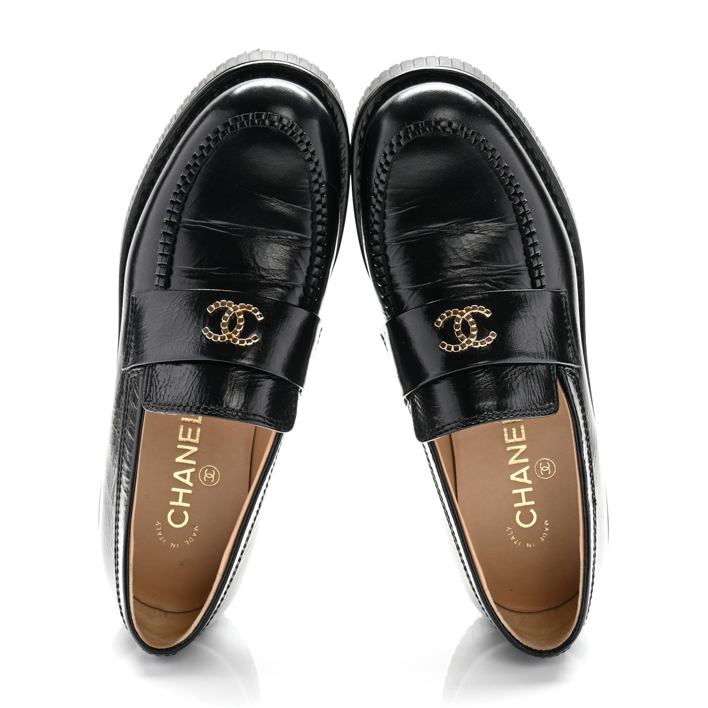 Shiny Crumpled Calfskin CC Mocassin Loafers 38 Black