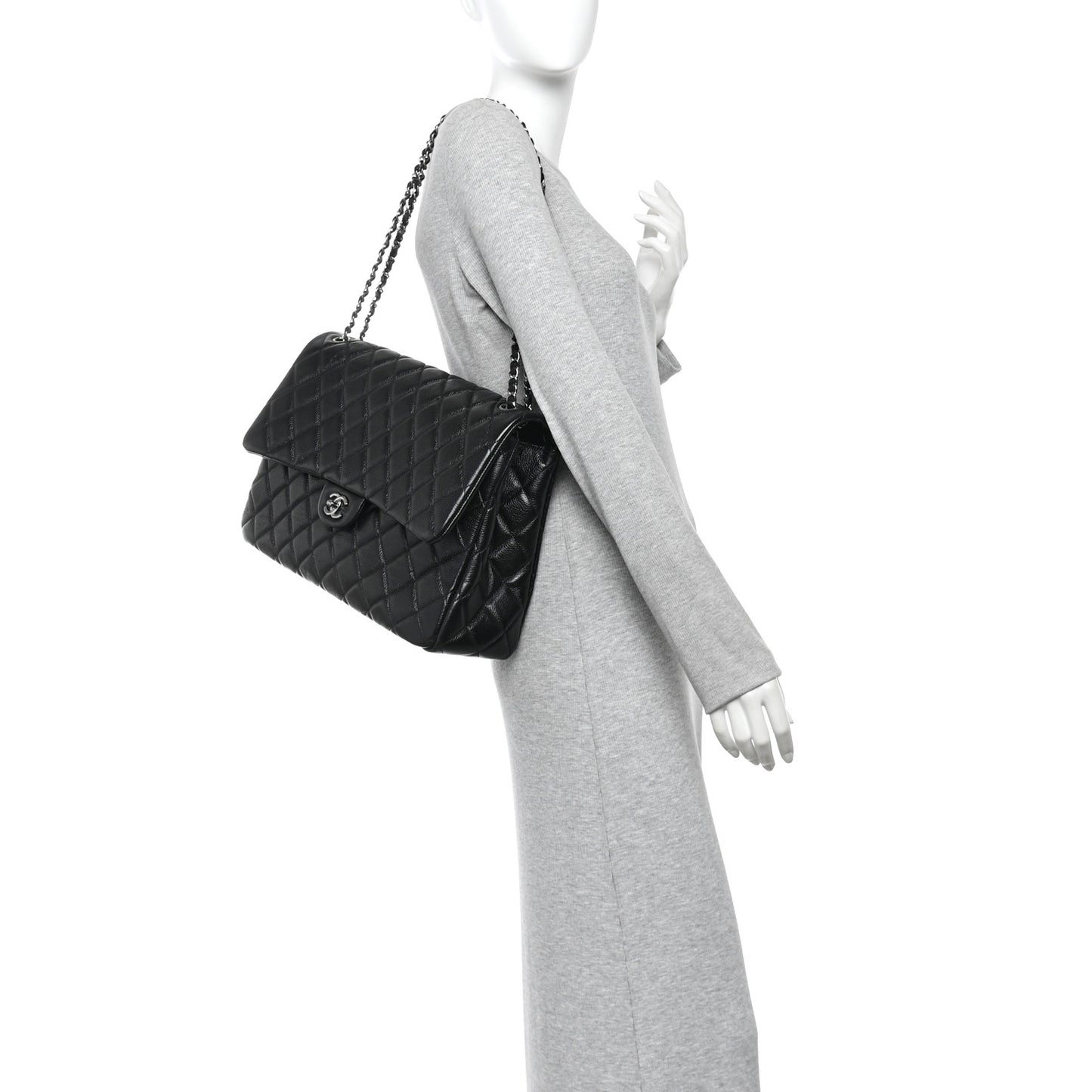 Grained Calfskin Quilted XXL Travel Flap Bag Black