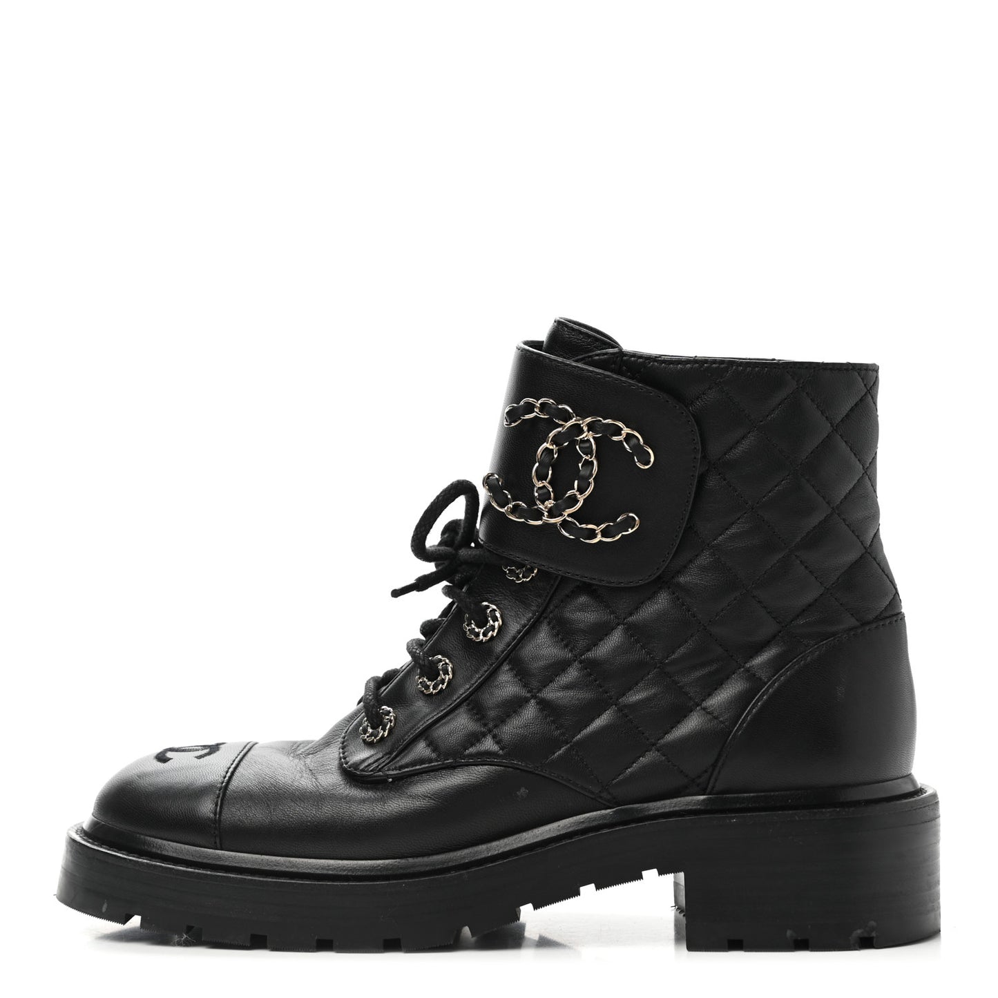 Lambskin Calfskin Quilted Lace Up Combat Boots 38.5 Black