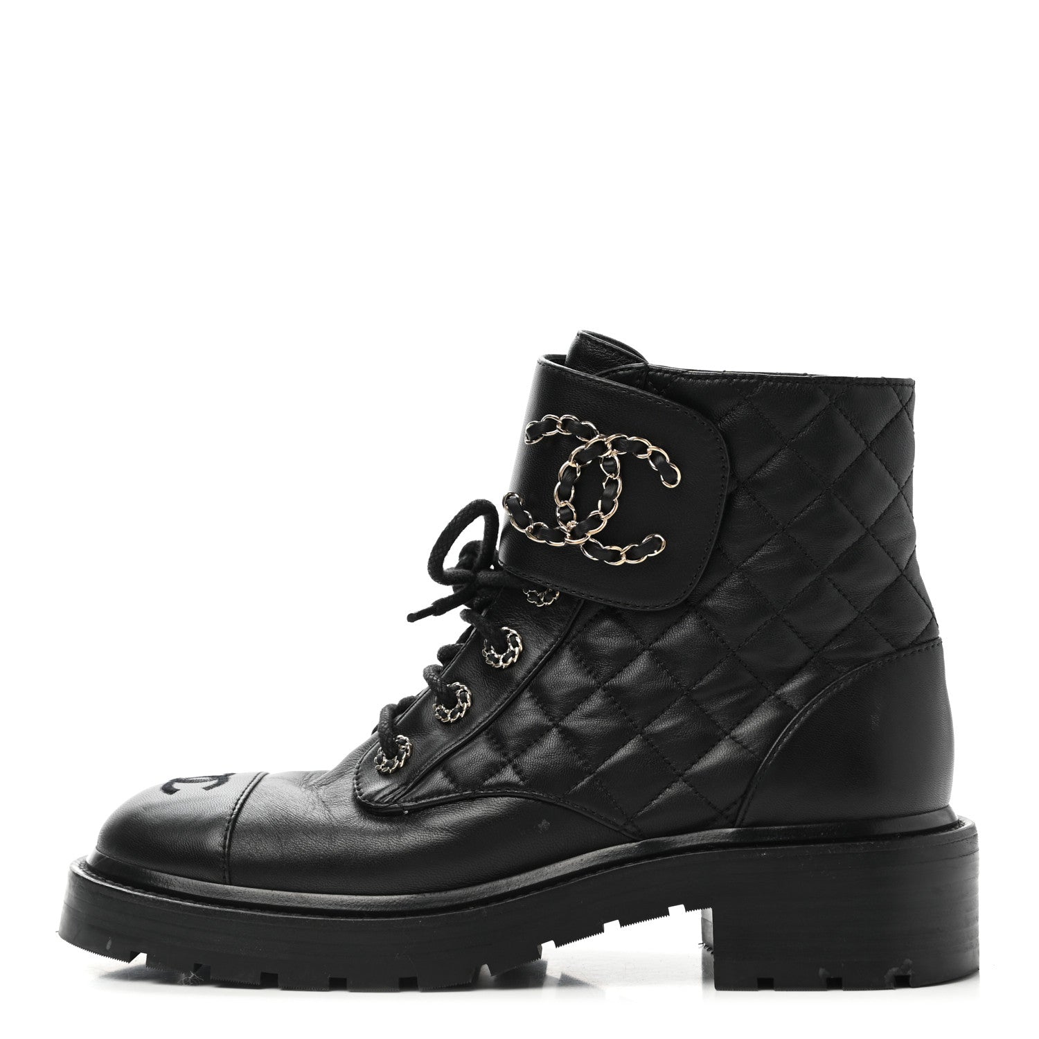 Chanel Lambskin Calfskin Quilted Lace Up Combat Boots 38.5 Black 1 of 10