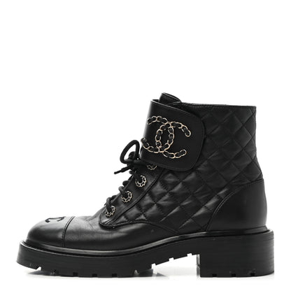 Chanel Lambskin Calfskin Quilted Lace Up Combat Boots 38.5 Black 1 of 10