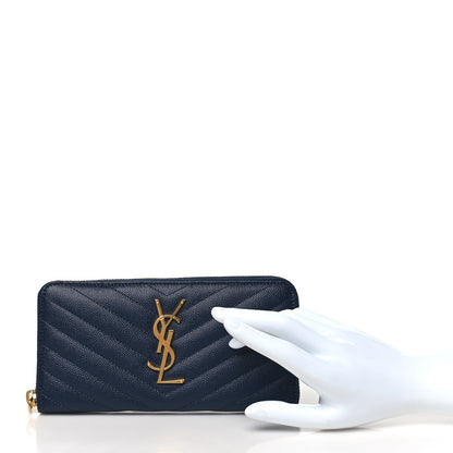 Saint Laurent Grain De Poudre Matelasse Chevron Monogram Zip Around Wallet Deep Marine 2 of 7