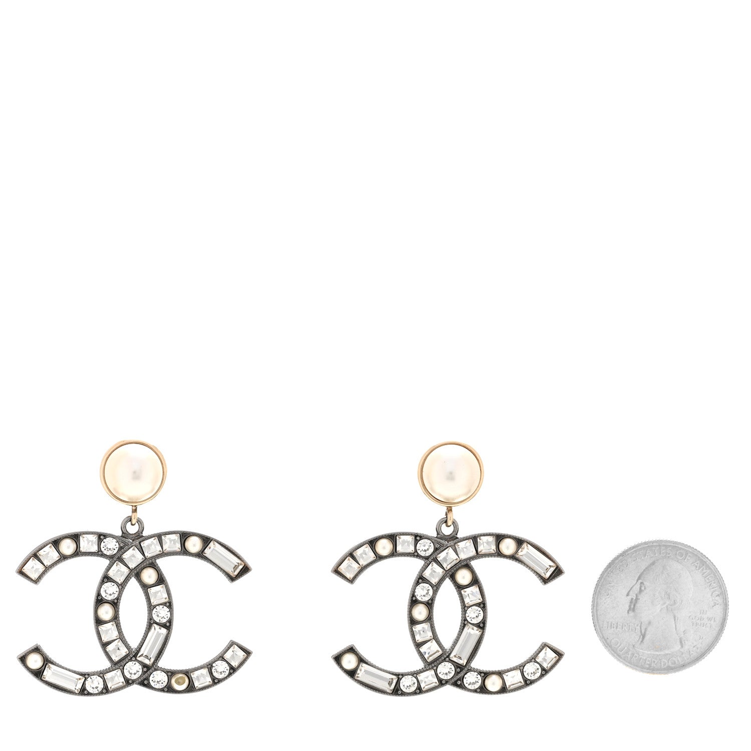 Chanel Crystal Pearl CC Drop Earrings Gold Silver 2 of 6