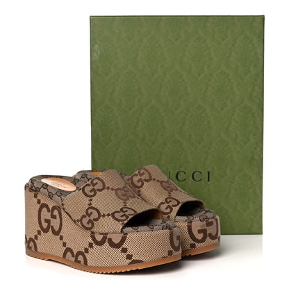 Gucci Monogram Jumbo GG Platform Slide Wedge Sandals 39 Camel Ebony 10 of 10