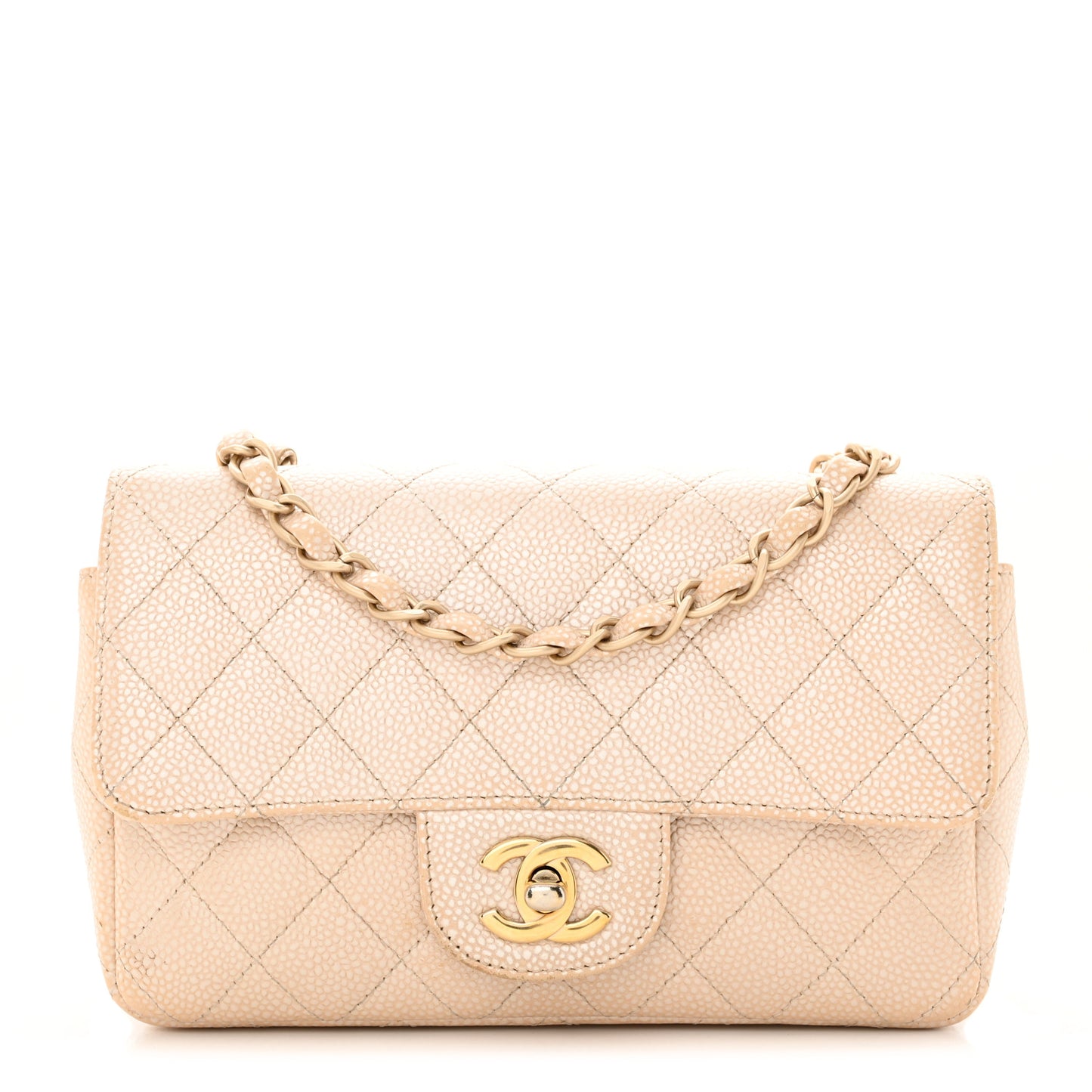 Pearly Caviar Quilted Mini Rectangular Flap Beige