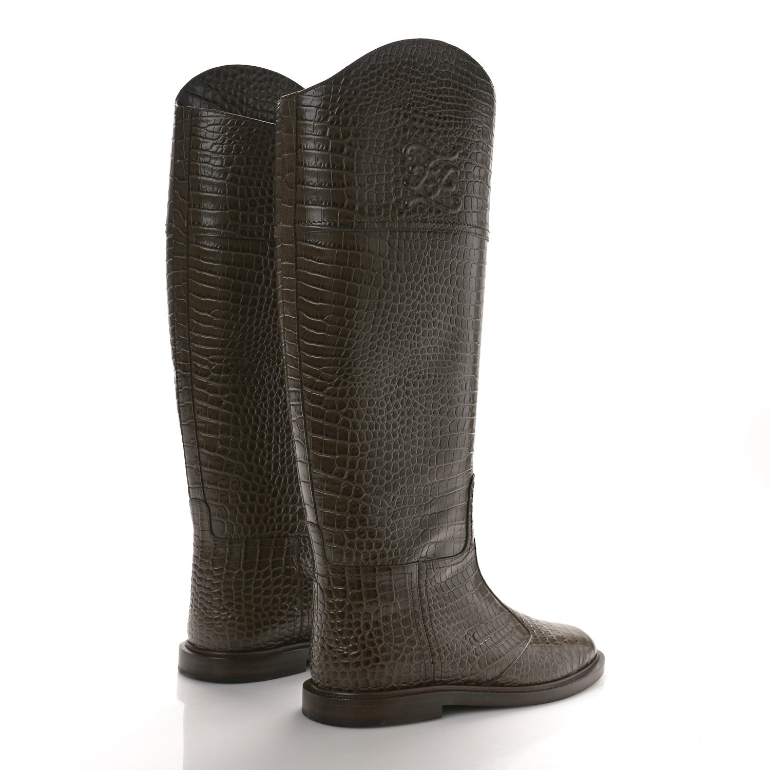 Fendi Calfskin Crocodile Embossed Karligraphy Logo Riding Boots 38 Maya 3 of 9