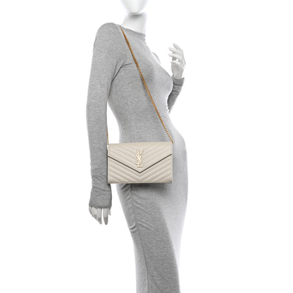 Saint Laurent Grain De Poudre Matelasse Chevron Monogram Chain Wallet Crema Soft 2 of 10