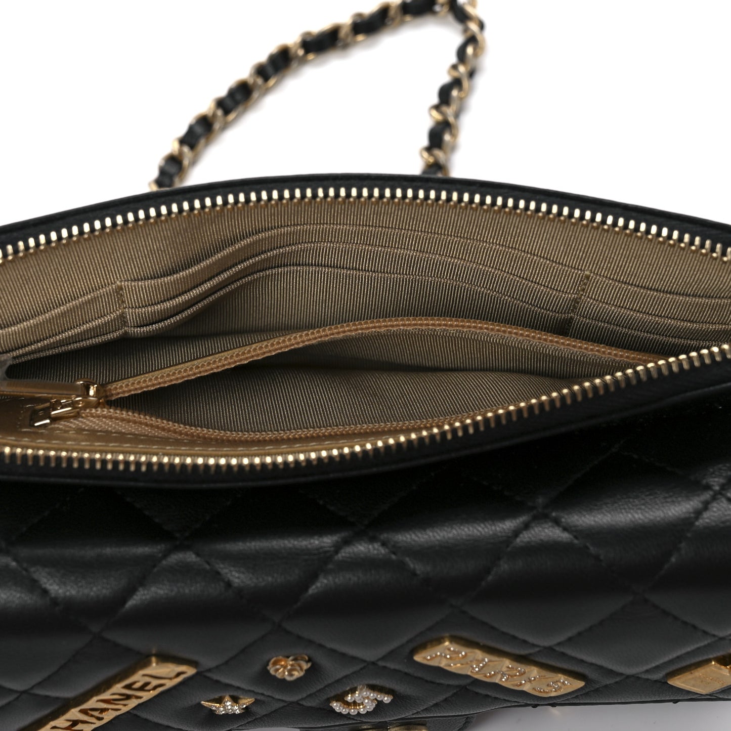 Lambskin Quilted Charm Flap Phone Holder With Chain Black