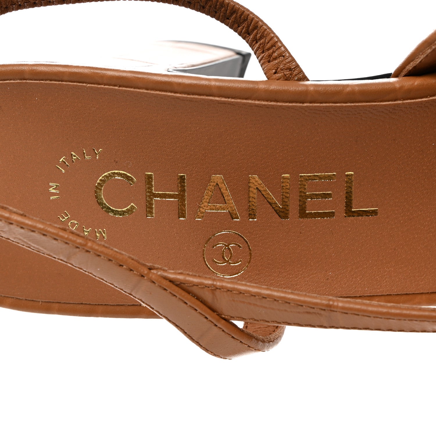 Chanel Calfskin Crocodile Embossed Patent Cap Toe CC Slingback Pumps 37.5 Light Brown Black 6 of 8