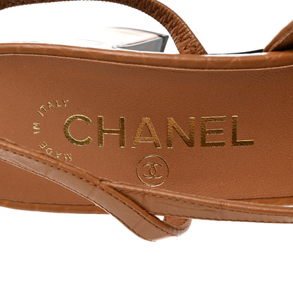Chanel Calfskin Crocodile Embossed Patent Cap Toe CC Slingback Pumps 37.5 Light Brown Black 6 of 8