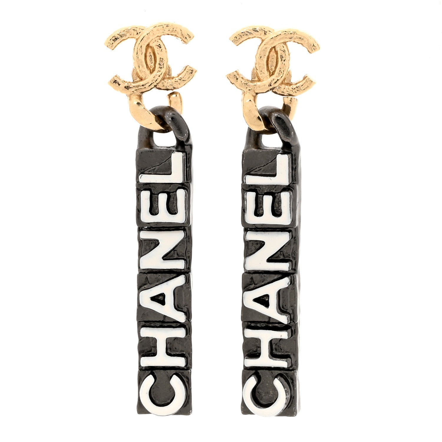 Chanel Metal Enamel CC Logo Drop Earrings Ruthenium Gold 1 of 5